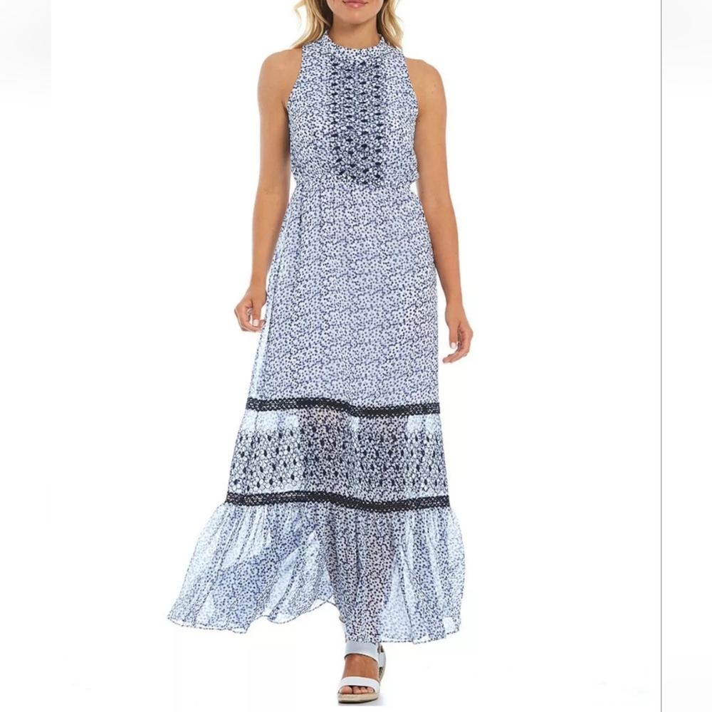 KENSIE Womens Boho Blue Dots Sheer Lined Sleeveless Keyhole Maxi Dress, Sz 0, 4